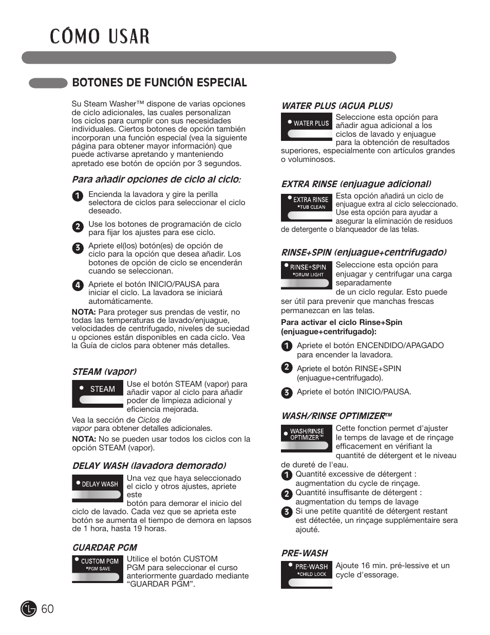 Botones de función especial | LG WM2801HWA User Manual | Page 60 / 116