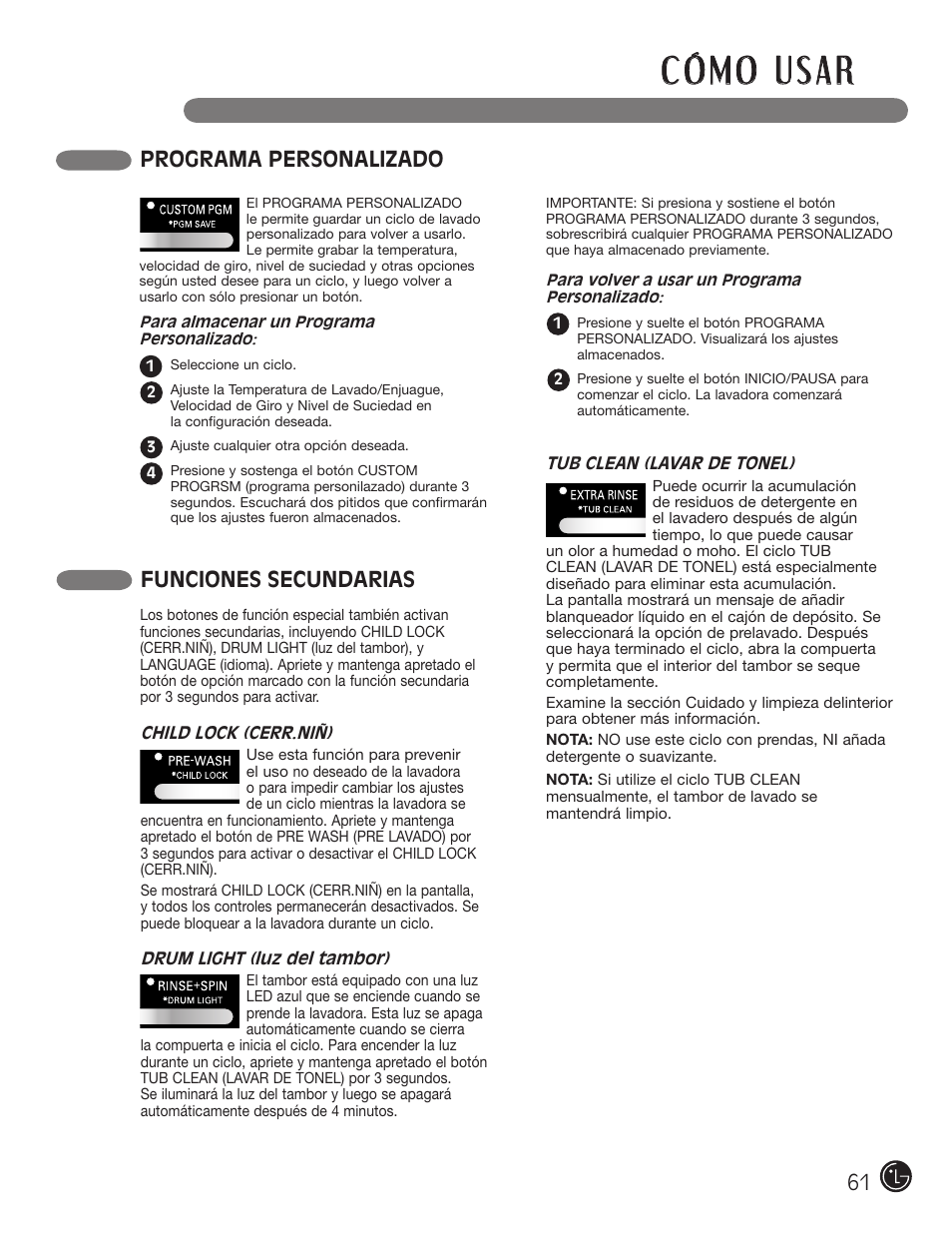 Programa personalizado, Funciones secundarias | LG WM2801HWA User Manual | Page 61 / 116
