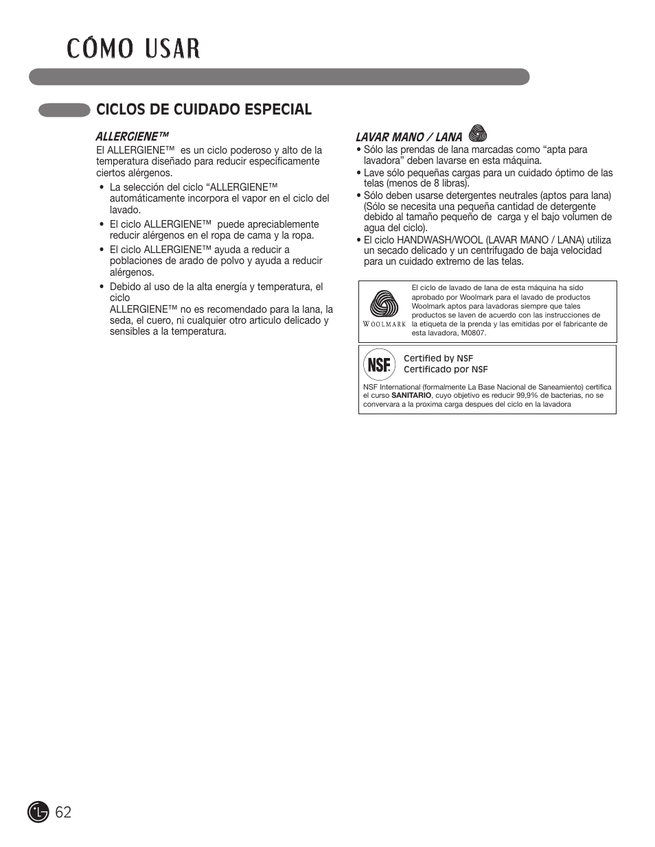 Ciclos de cuidado especial | LG WM2801HWA User Manual | Page 62 / 116