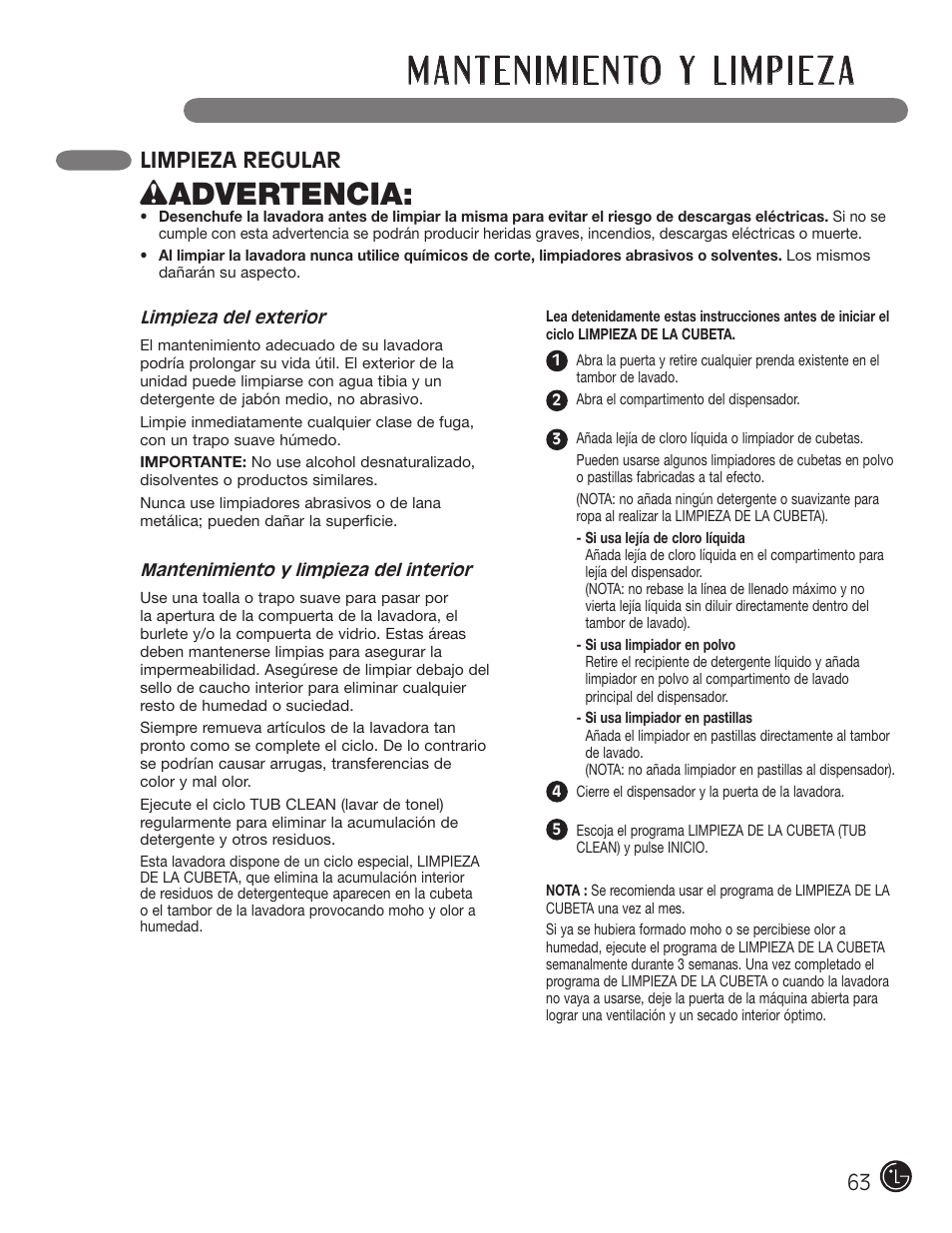 Wadvertencia, Limpieza regular | LG WM2801HWA User Manual | Page 63 / 116