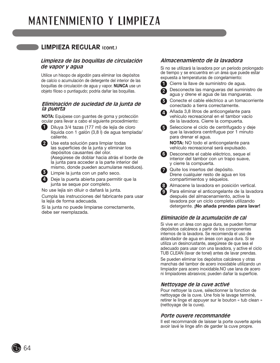 Limpieza regular | LG WM2801HWA User Manual | Page 64 / 116
