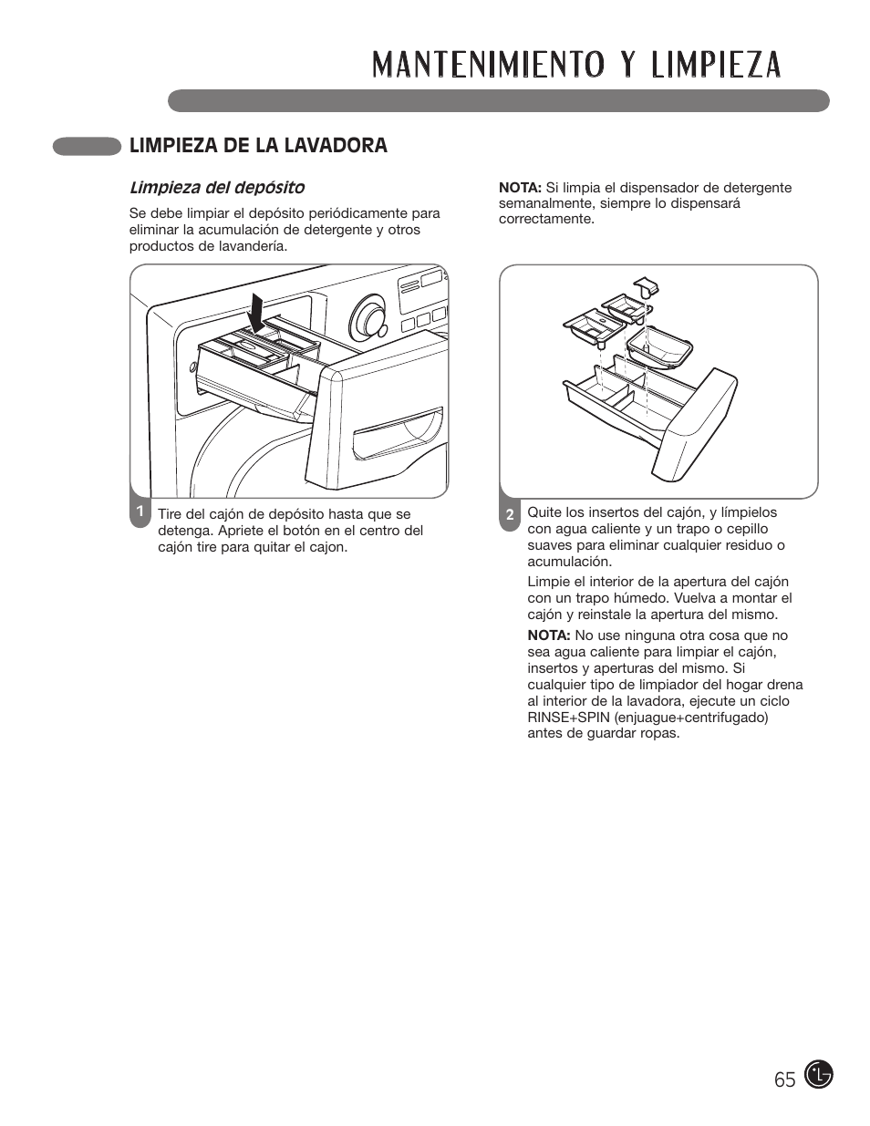 Limpieza de la lavadora | LG WM2801HWA User Manual | Page 65 / 116