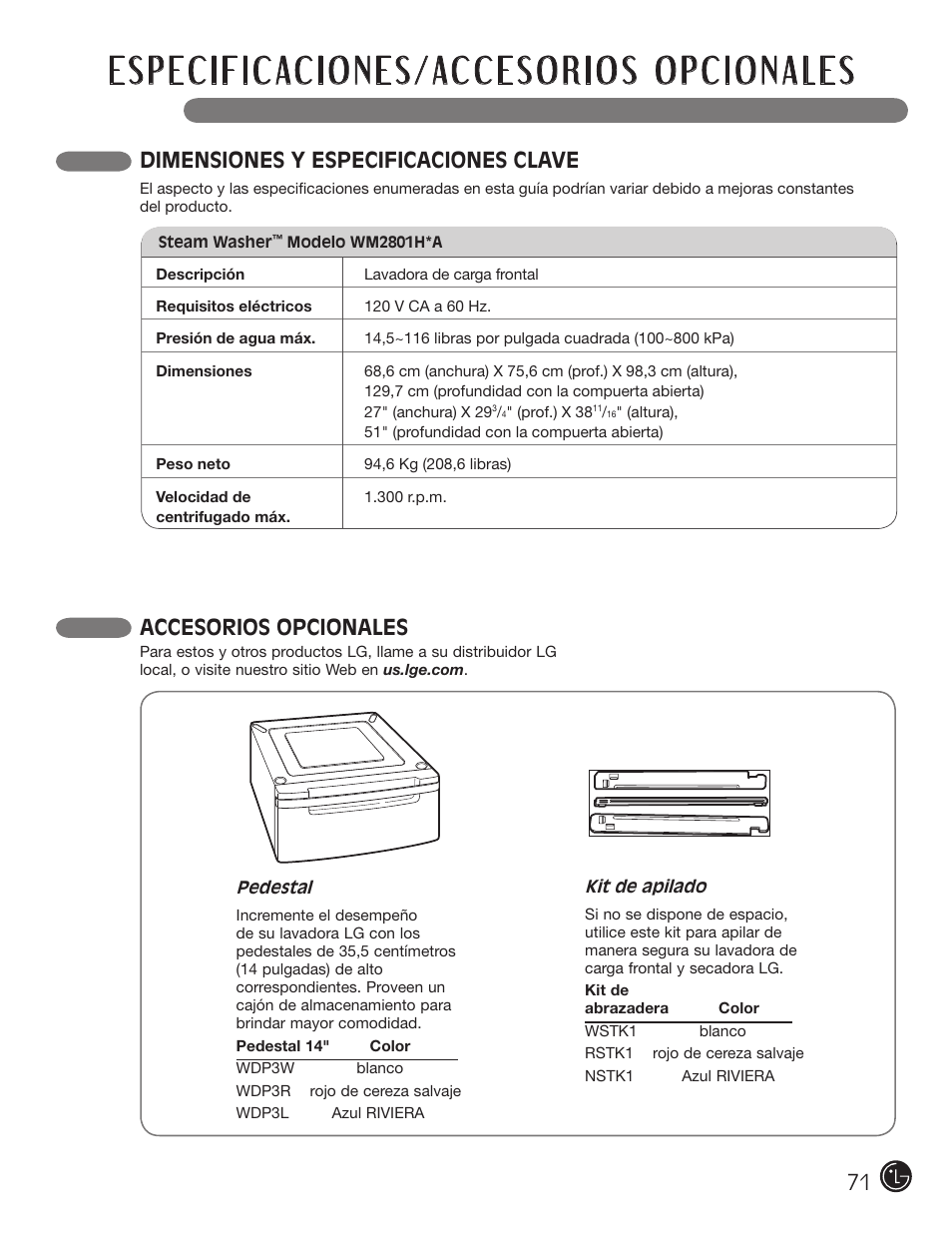 Dimensiones y especificaciones clave, Accesorios opcionales | LG WM2801HWA User Manual | Page 71 / 116