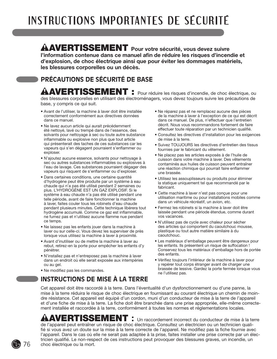 Wavertissement, Instructions de mise à la terre, Précautions de sécurité de base | LG WM2801HWA User Manual | Page 76 / 116
