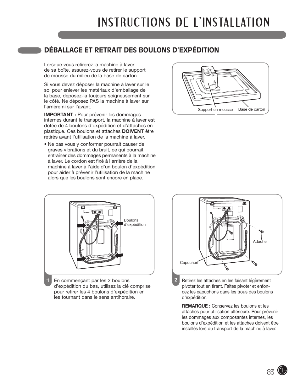 Déballage et retrait des boulons d’expédition | LG WM2801HWA User Manual | Page 83 / 116