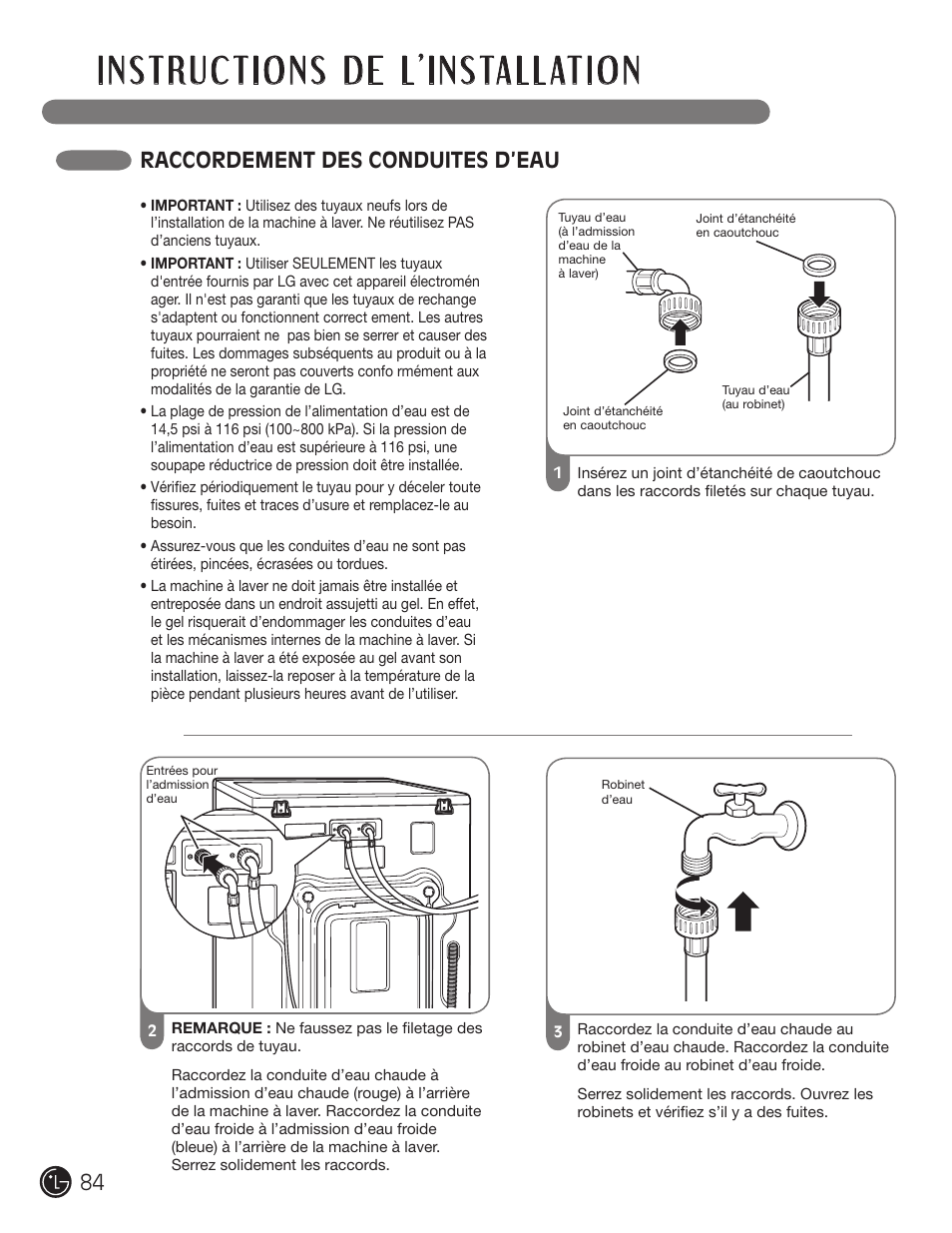 Raccordement des conduites d’eau | LG WM2801HWA User Manual | Page 84 / 116