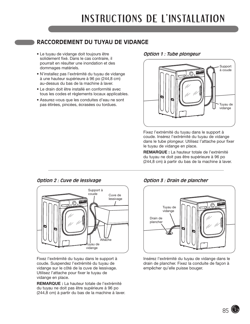 Raccordement du tuyau de vidange | LG WM2801HWA User Manual | Page 85 / 116