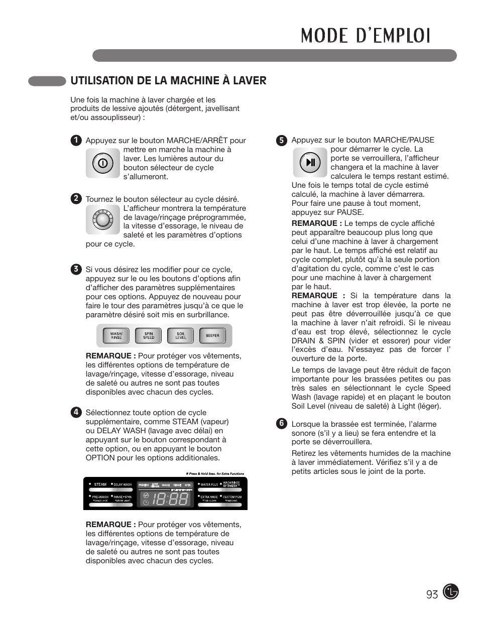 Utilisation de la machine à laver | LG WM2801HWA User Manual | Page 93 / 116