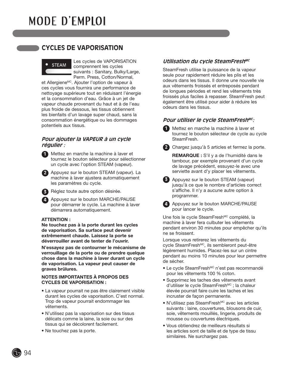 Cycles de vaporisation | LG WM2801HWA User Manual | Page 94 / 116