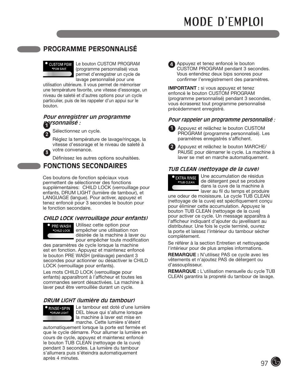 Fonctions secondaires, Programme personnalisé | LG WM2801HWA User Manual | Page 97 / 116