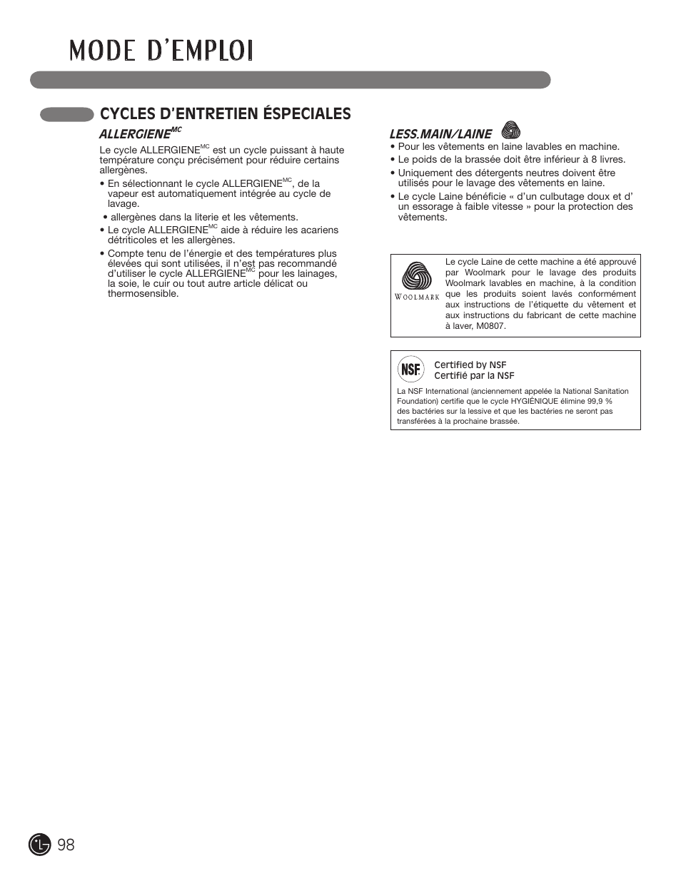 Cycles d’entretien éspeciales | LG WM2801HWA User Manual | Page 98 / 116