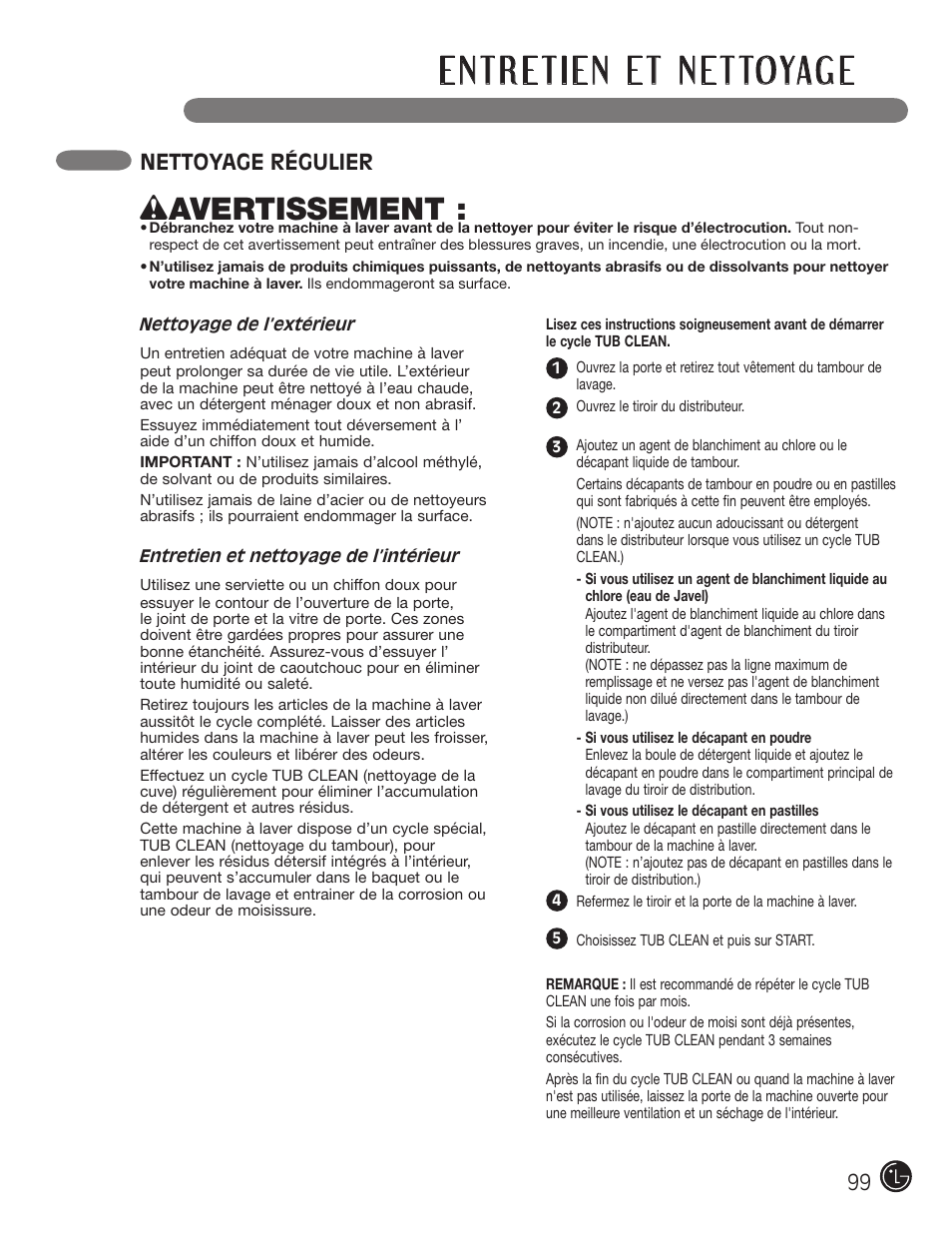 Wavertissement, Nettoyage régulier | LG WM2801HWA User Manual | Page 99 / 116