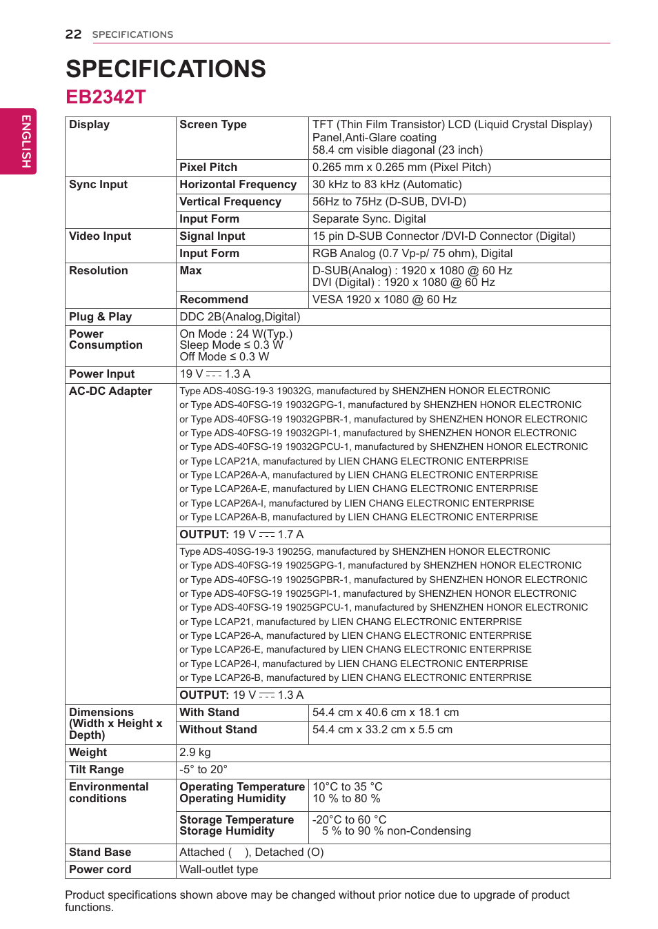 Eb2342t, 22 eb2342t, Specifications | LG EB2242T-BN User Manual | Page 22 / 26