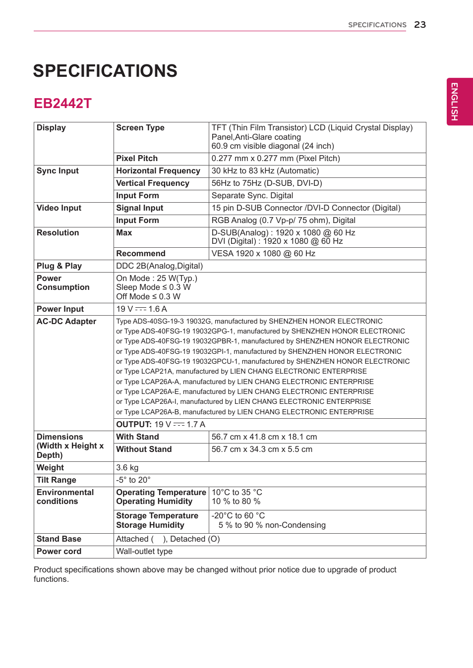 Eb2442t, 23 eb2442t, Specifications | LG EB2242T-BN User Manual | Page 23 / 26