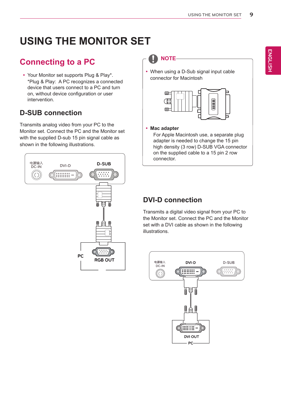Using the monitor set, Connecting to a pc, D-sub connection | Dvi-d connection | LG EB2242T-BN User Manual | Page 9 / 26