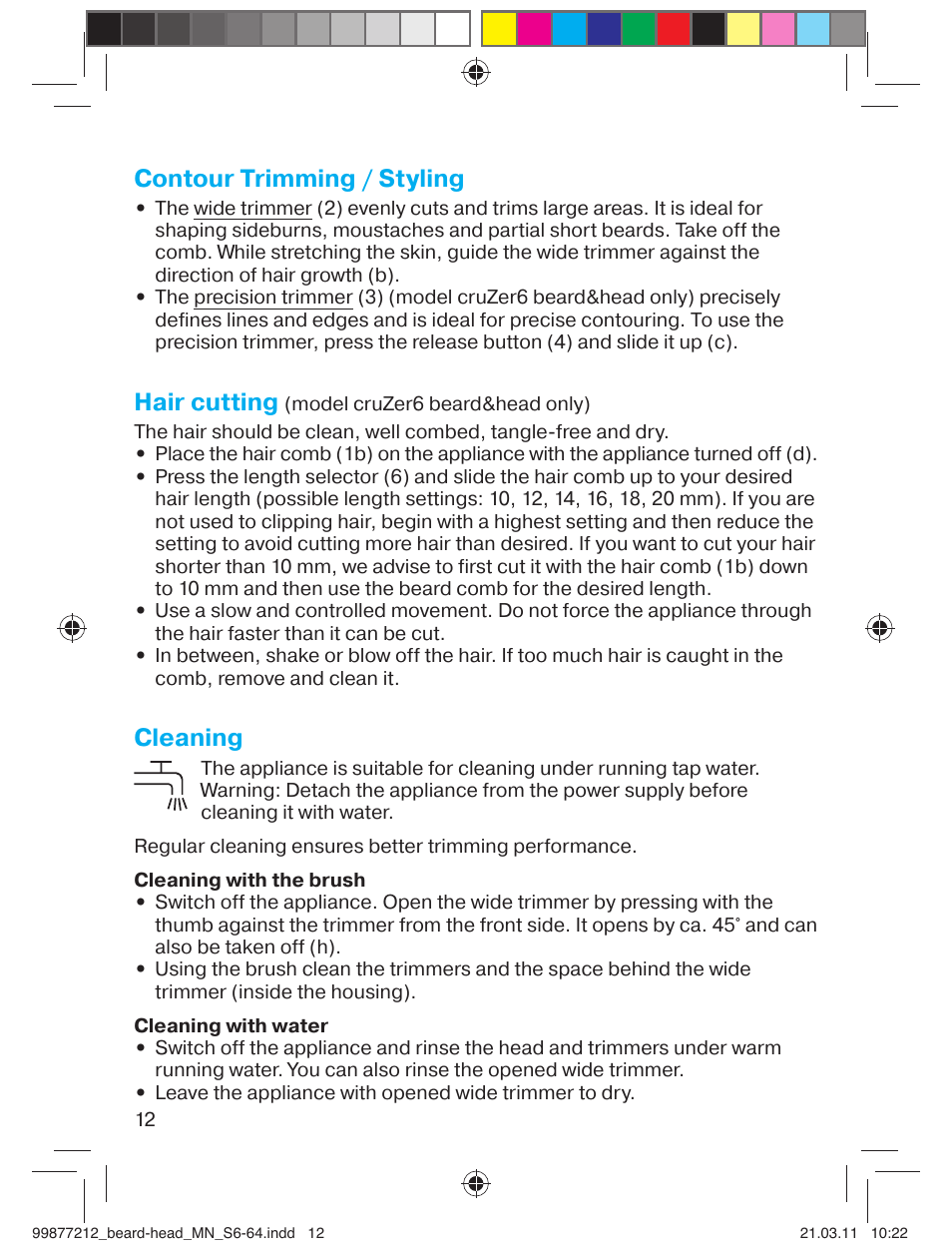 Contour trimming / styling, Hair cutting, Cleaning | Braun cruZer6 beard&head  EU User Manual | Page 11 / 64