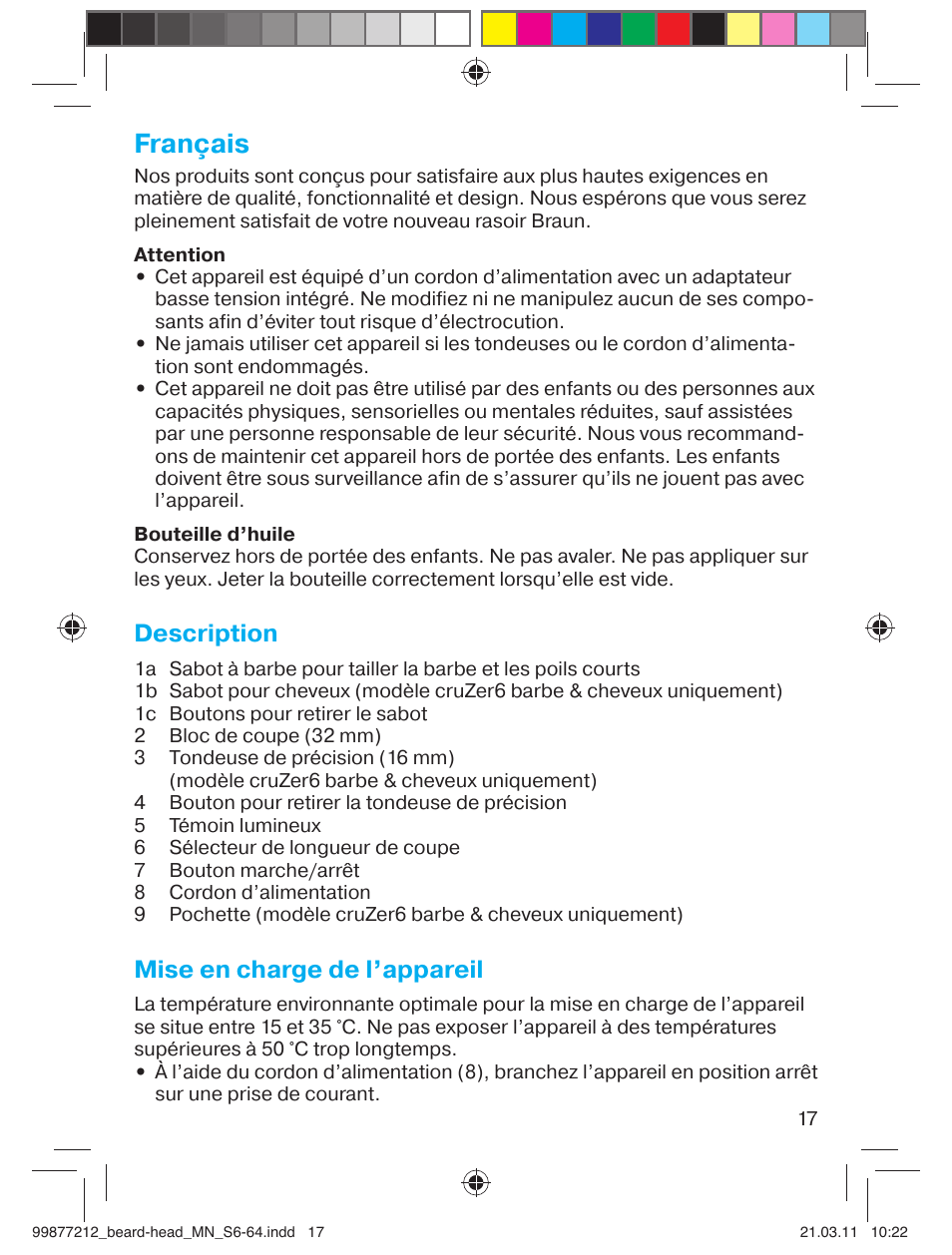Français, Description, Mise en charge de l’appareil | Braun cruZer6 beard&head  EU User Manual | Page 16 / 64