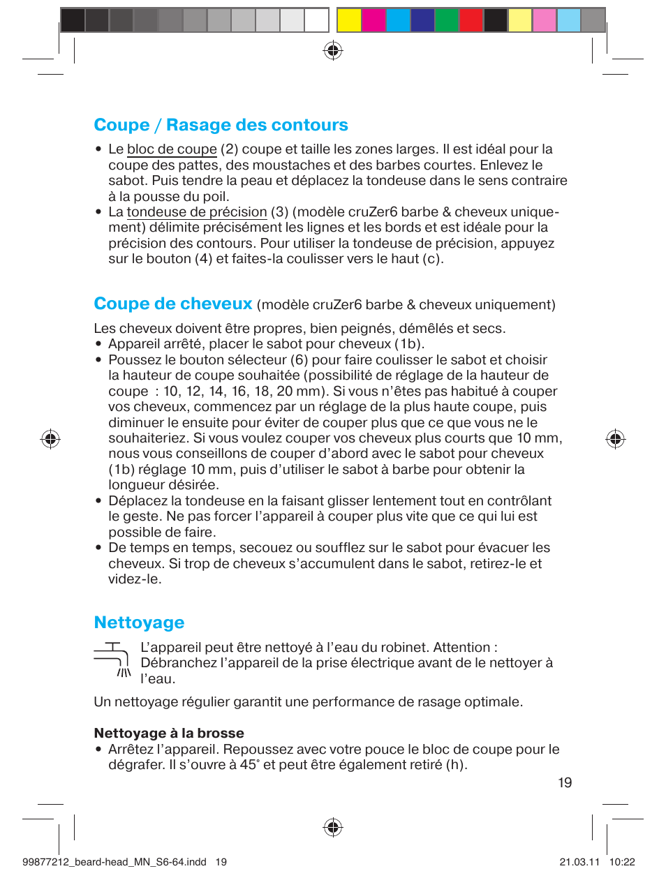 Coupe / rasage des contours, Coupe de cheveux, Nettoyage | Braun cruZer6 beard&head  EU User Manual | Page 18 / 64