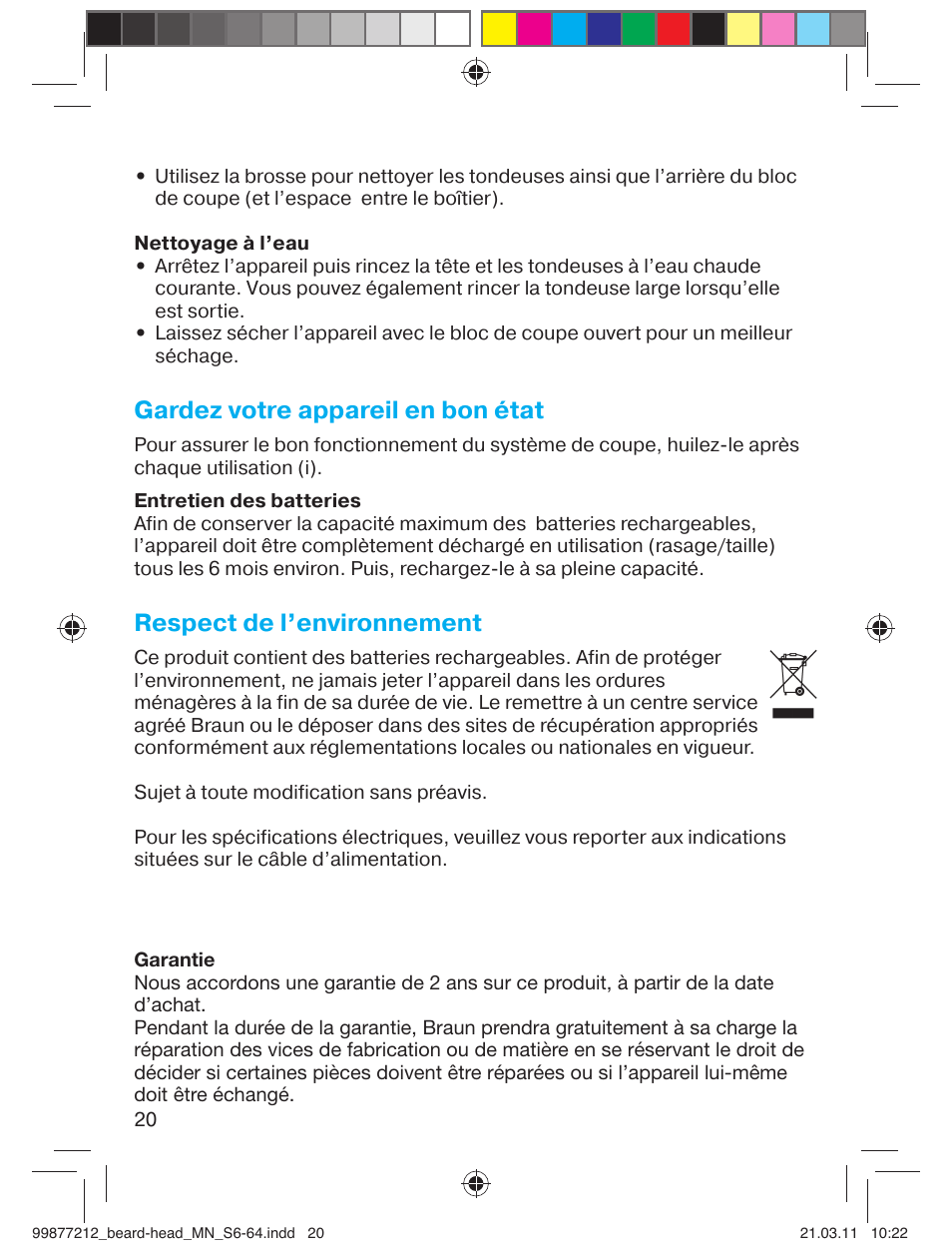 Gardez votre appareil en bon état, Respect de l’environnement | Braun cruZer6 beard&head  EU User Manual | Page 19 / 64