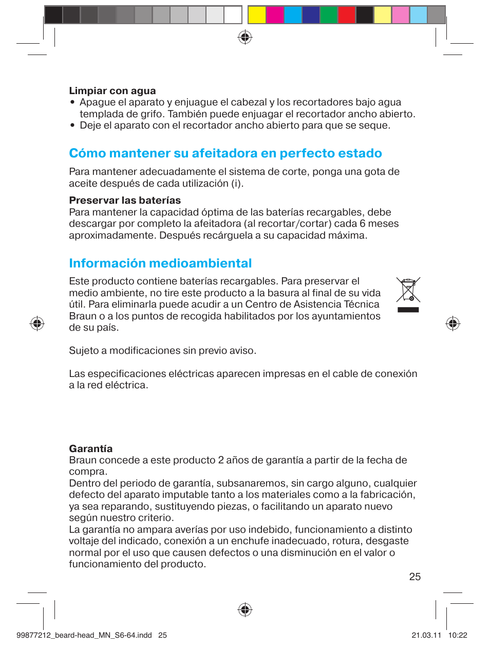 Cómo mantener su afeitadora en perfecto estado, Información medioambiental | Braun cruZer6 beard&head  EU User Manual | Page 24 / 64