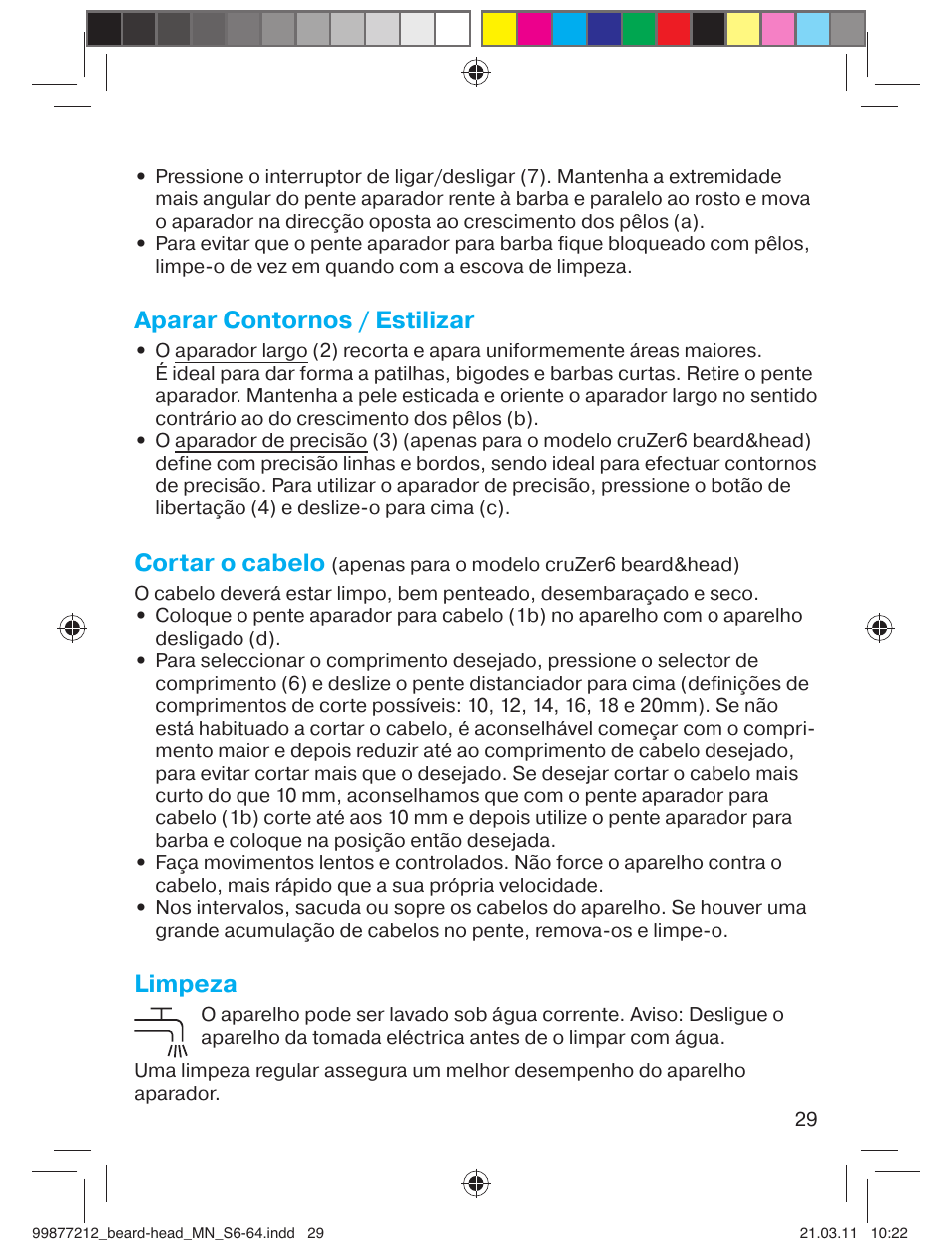 Aparar contornos / estilizar, Cortar o cabelo, Limpeza | Braun cruZer6 beard&head  EU User Manual | Page 28 / 64