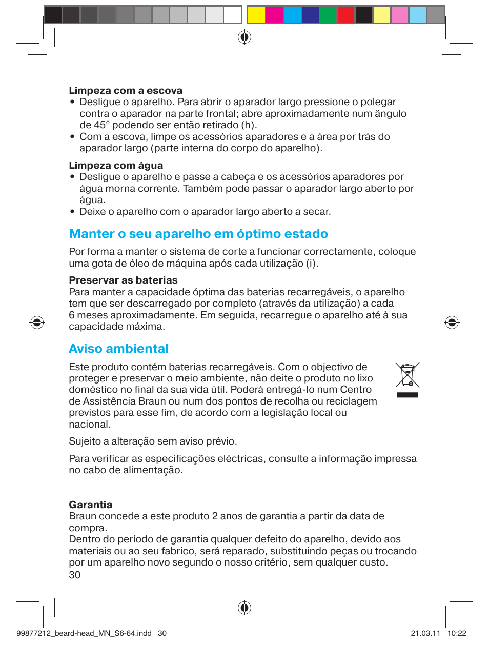 Manter o seu aparelho em óptimo estado, Aviso ambiental | Braun cruZer6 beard&head  EU User Manual | Page 29 / 64