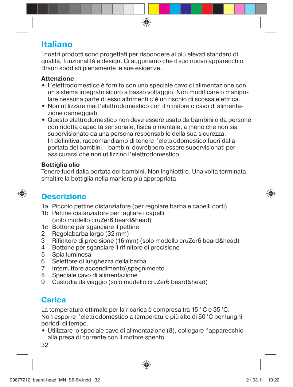 Italiano, Descrizione, Carica | Braun cruZer6 beard&head  EU User Manual | Page 31 / 64