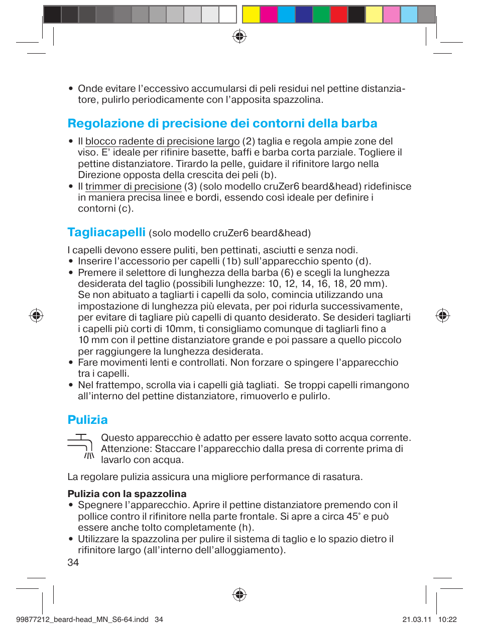 Regolazione di precisione dei contorni della barba, Tagliacapelli, Pulizia | Braun cruZer6 beard&head  EU User Manual | Page 33 / 64