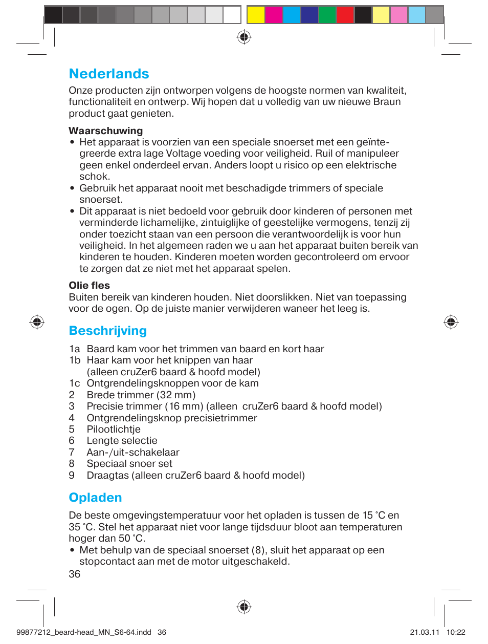 Nederlands, Beschrijving, Opladen | Braun cruZer6 beard&head  EU User Manual | Page 35 / 64