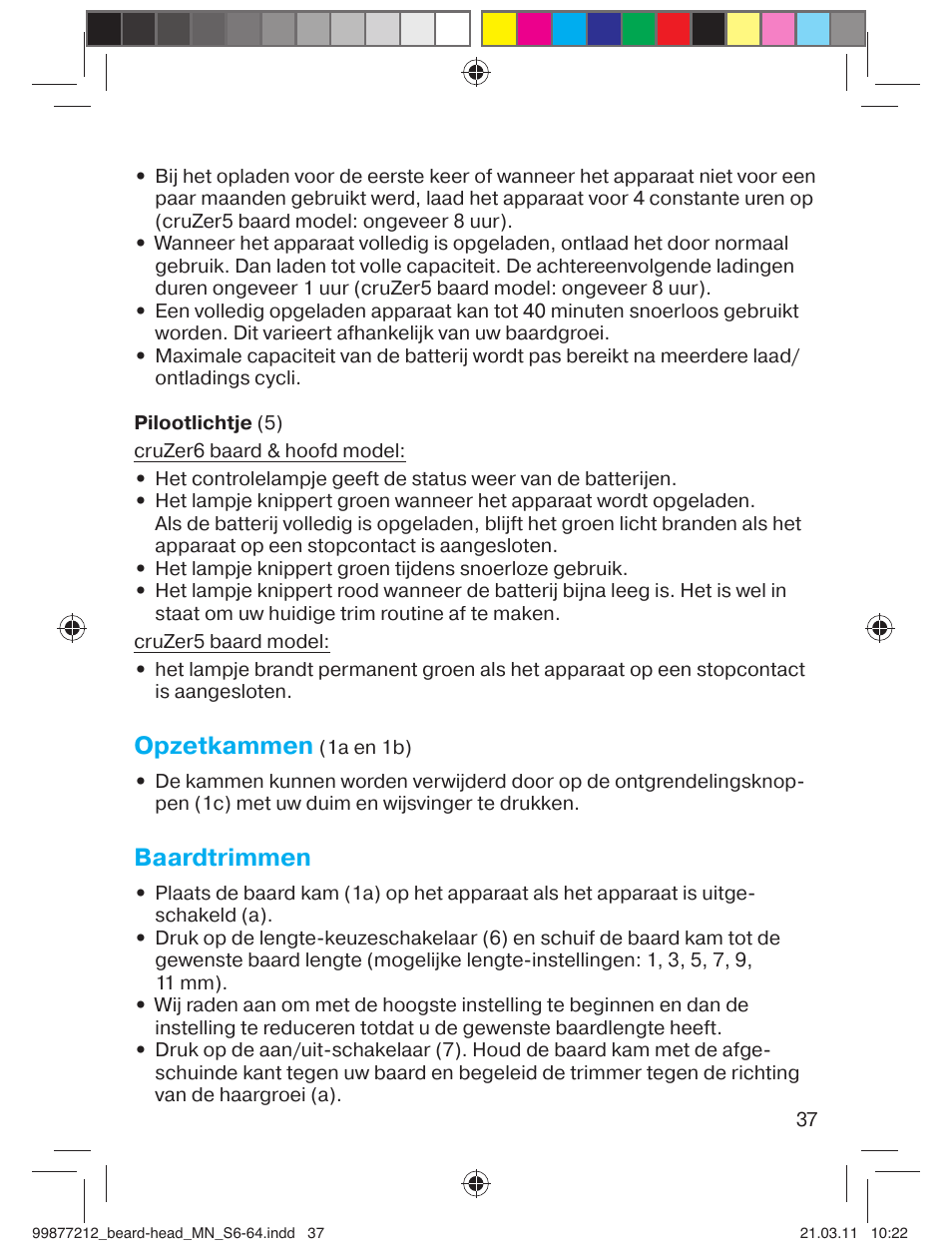 Opzetkammen, Baardtrimmen | Braun cruZer6 beard&head  EU User Manual | Page 36 / 64