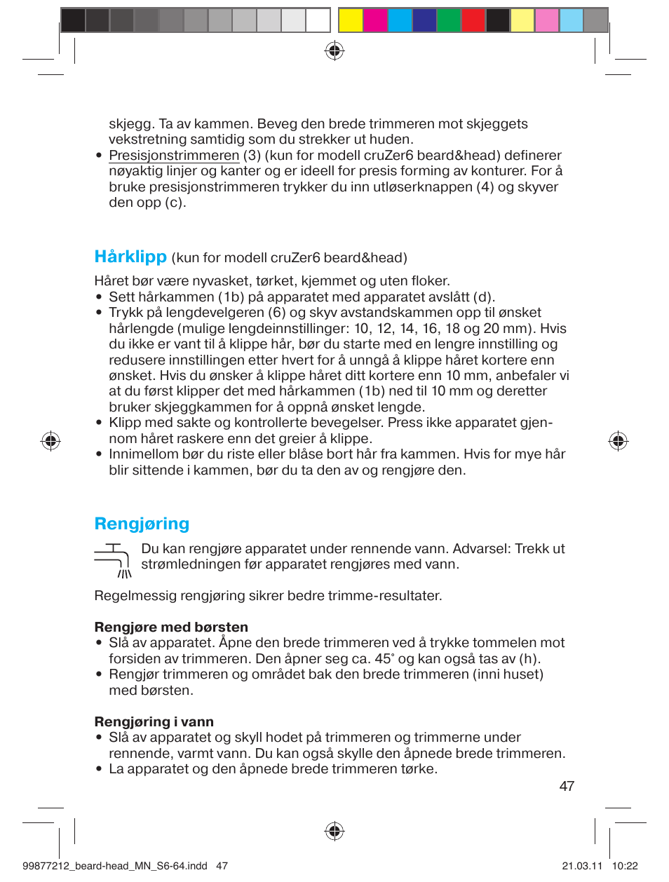 Hårklipp, Rengjøring | Braun cruZer6 beard&head  EU User Manual | Page 46 / 64