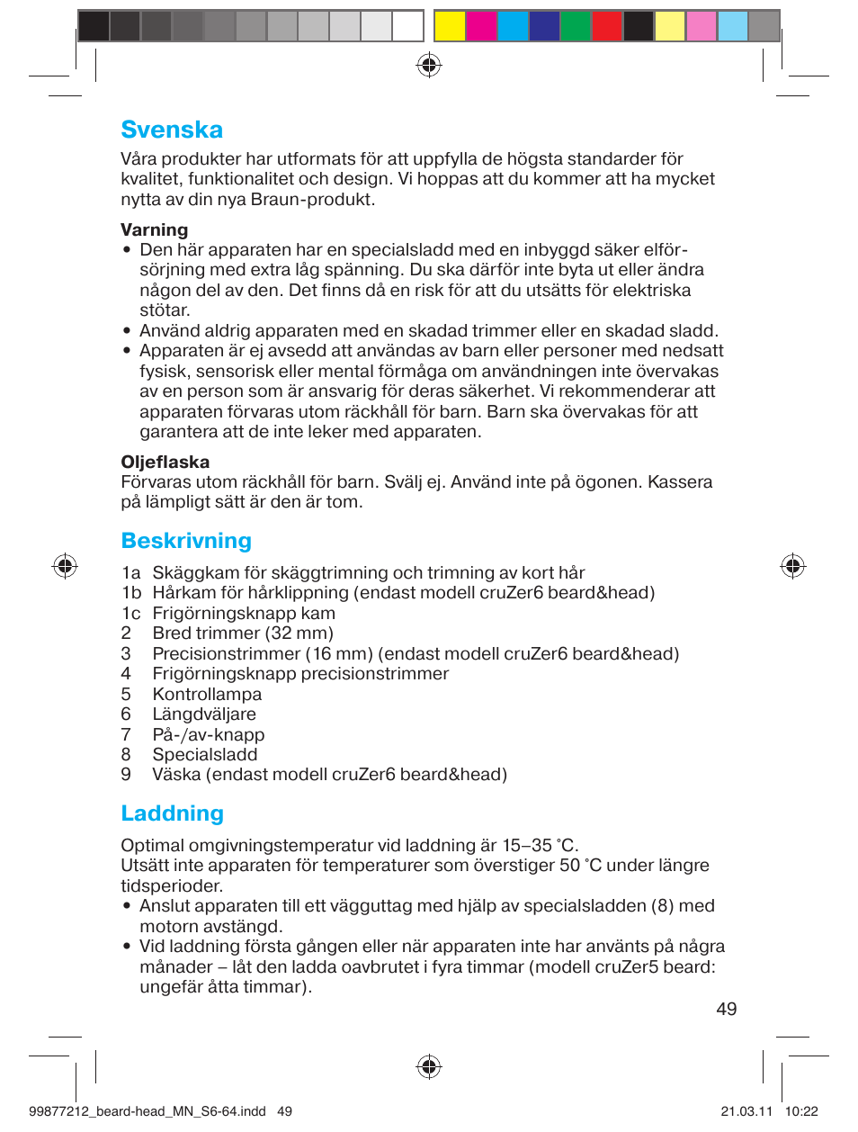 Svenska, Beskrivning, Laddning | Braun cruZer6 beard&head  EU User Manual | Page 48 / 64