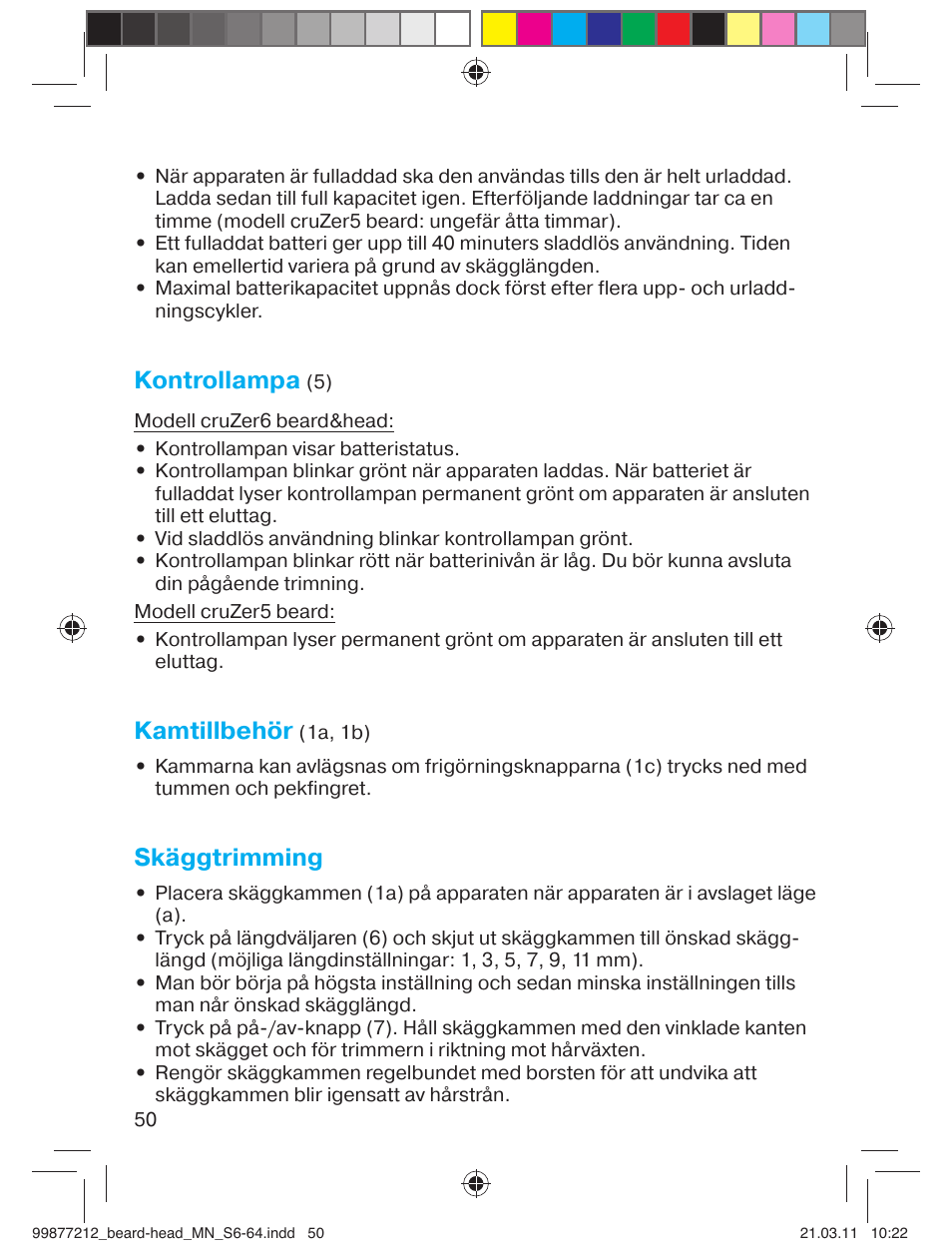 Kontrollampa, Kamtillbehör, Skäggtrimming | Braun cruZer6 beard&head  EU User Manual | Page 49 / 64