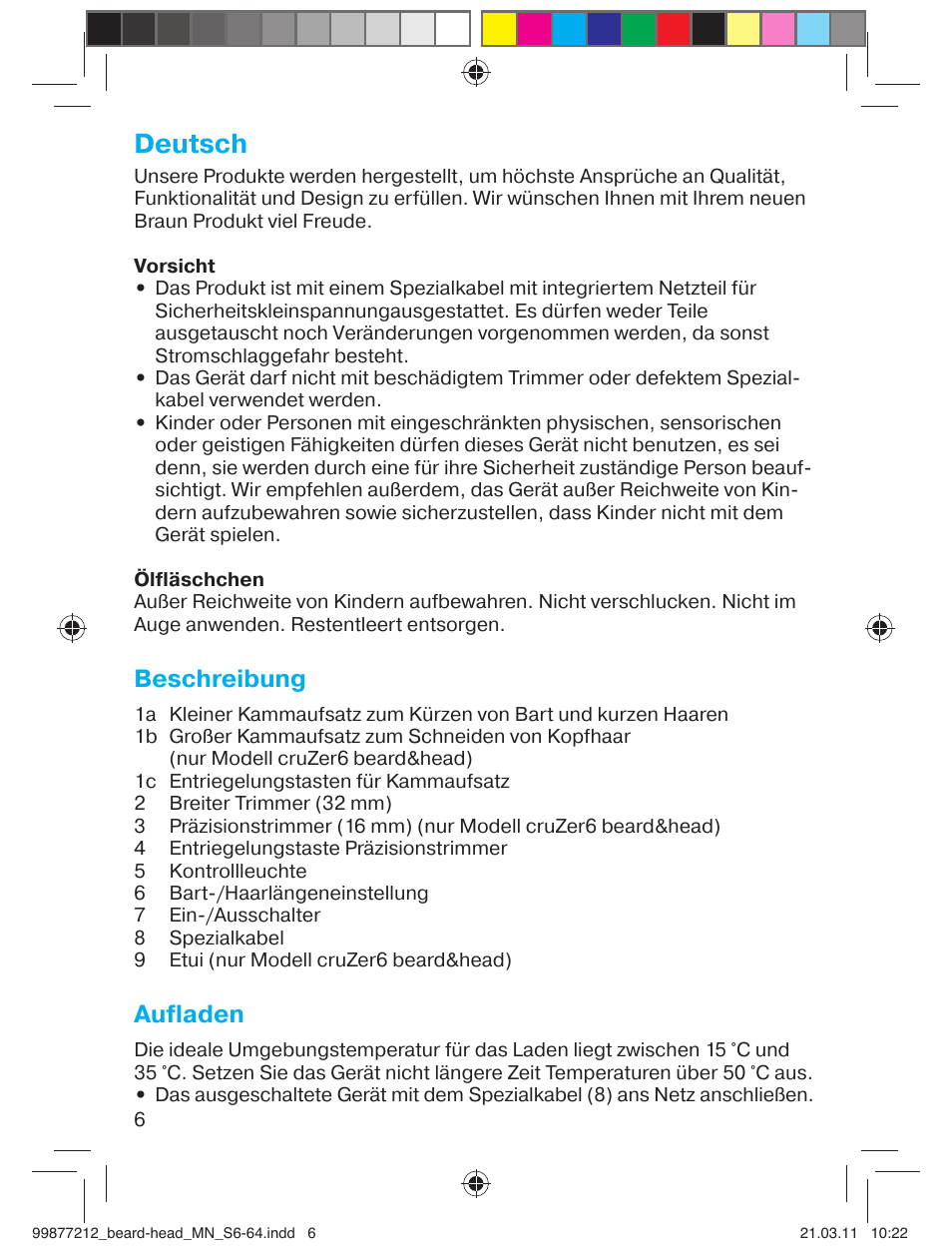99877212_beard-head_mn_s6-64, Deutsch, Beschreibung | Aufladen | Braun cruZer6 beard&head  EU User Manual | Page 5 / 64