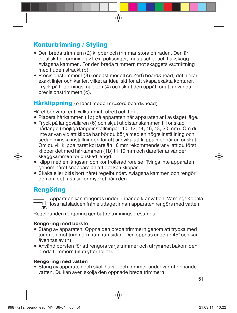 Konturtrimning / styling, Hårklippning, Rengöring | Braun cruZer6 beard&head  EU User Manual | Page 50 / 64
