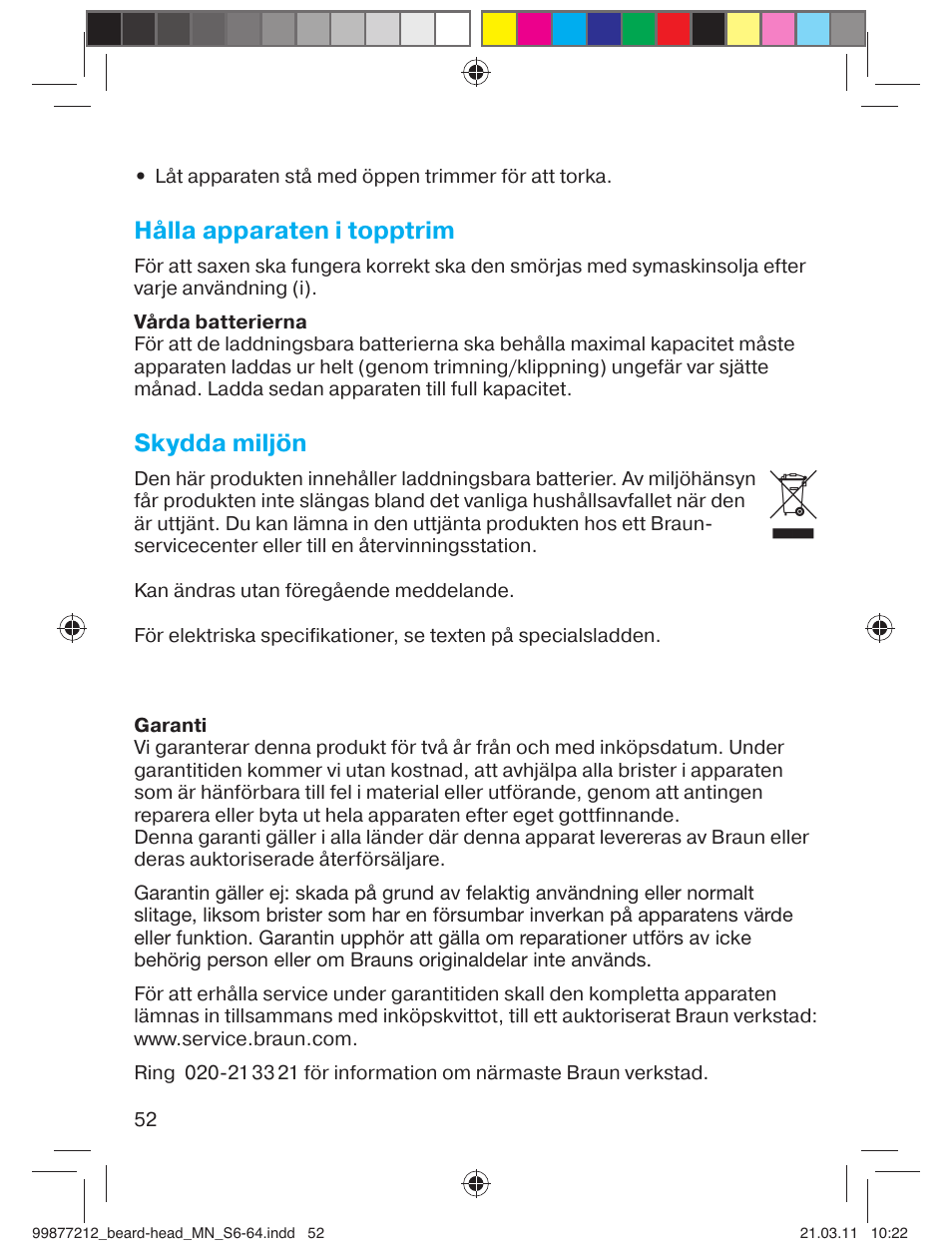 Hålla apparaten i topptrim, Skydda miljön | Braun cruZer6 beard&head  EU User Manual | Page 51 / 64