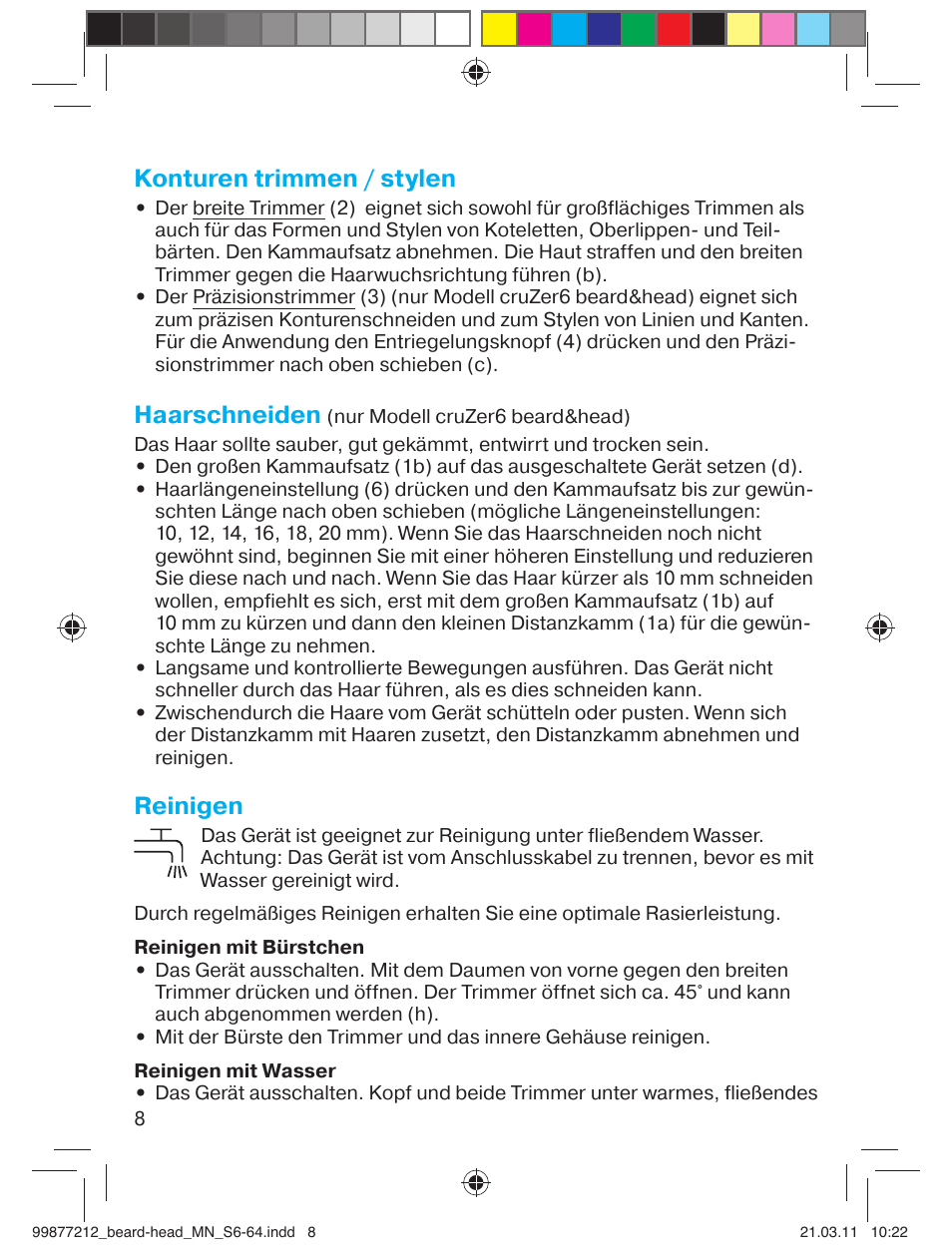 Konturen trimmen / stylen, Haarschneiden, Reinigen | Braun cruZer6 beard&head  EU User Manual | Page 7 / 64