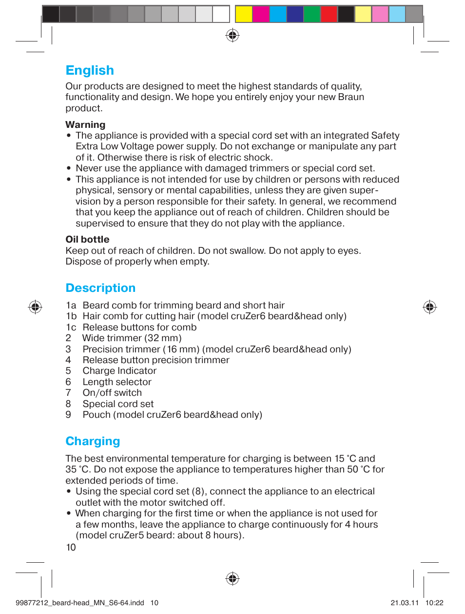 English, Description, Charging | Braun cruZer6 beard&head  EU User Manual | Page 9 / 64