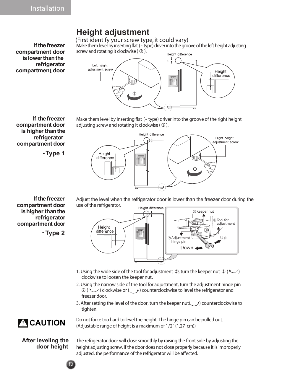 Height adjustment, Caution, Installation | LG LRSC26925TT User Manual | Page 12 / 30