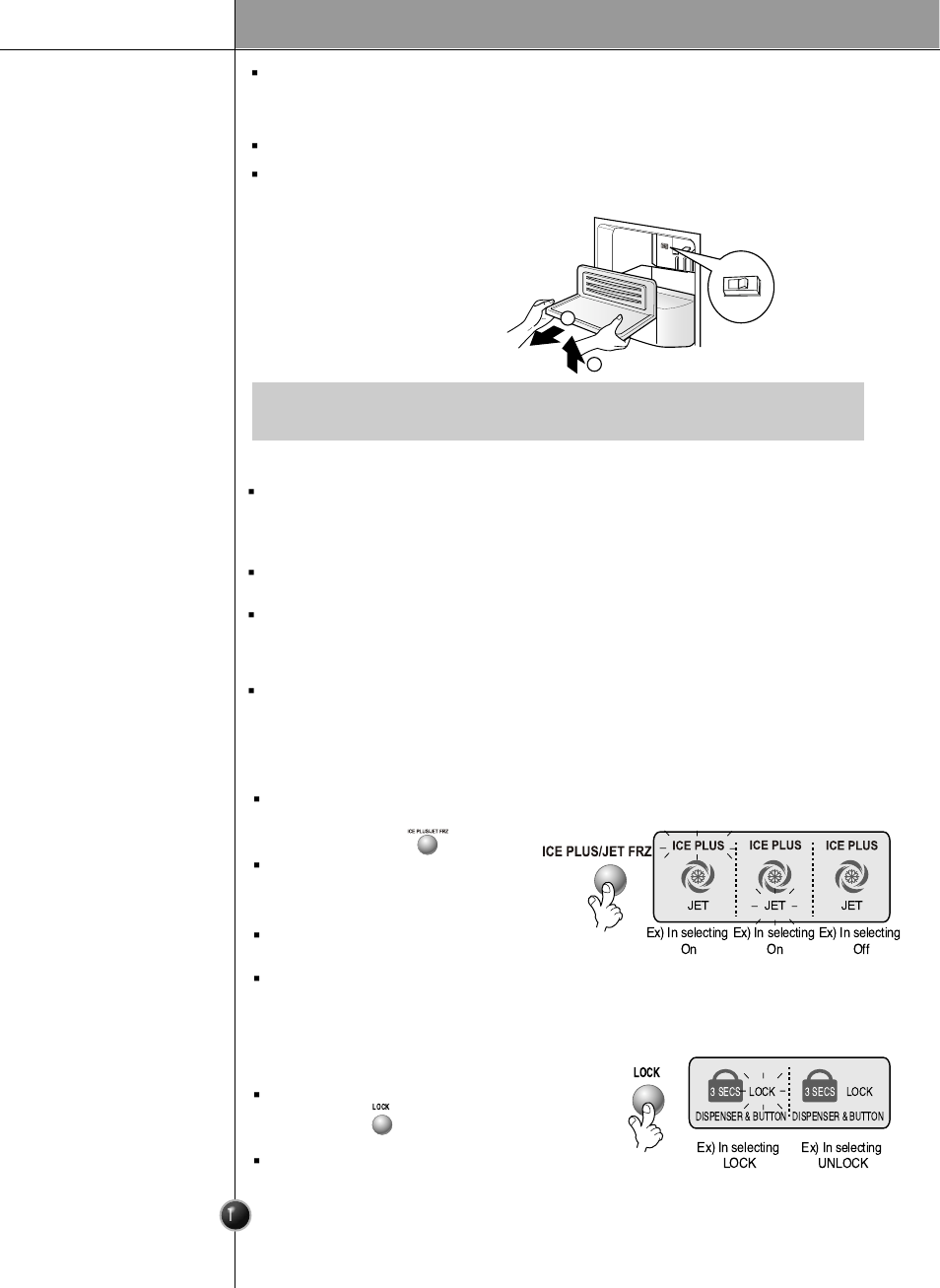 Operation, Jet freezer, Lock | When ice maker does not operate smoothly, Automatic icemaker | LG LRSC26925TT User Manual | Page 15 / 30