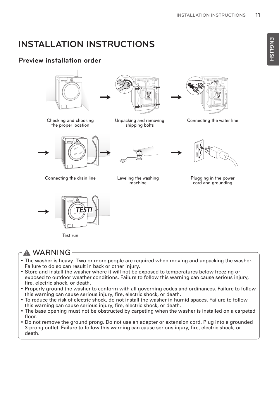 Installation instructions, Warning, Preview installation order | LG WM3570HWA User Manual | Page 11 / 96