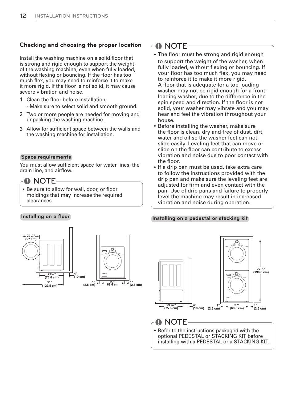 Checking and choosing the proper location, Space requirements, Installing on a floor | Installing on a pedestal or stacking kit | LG WM3570HWA User Manual | Page 12 / 96