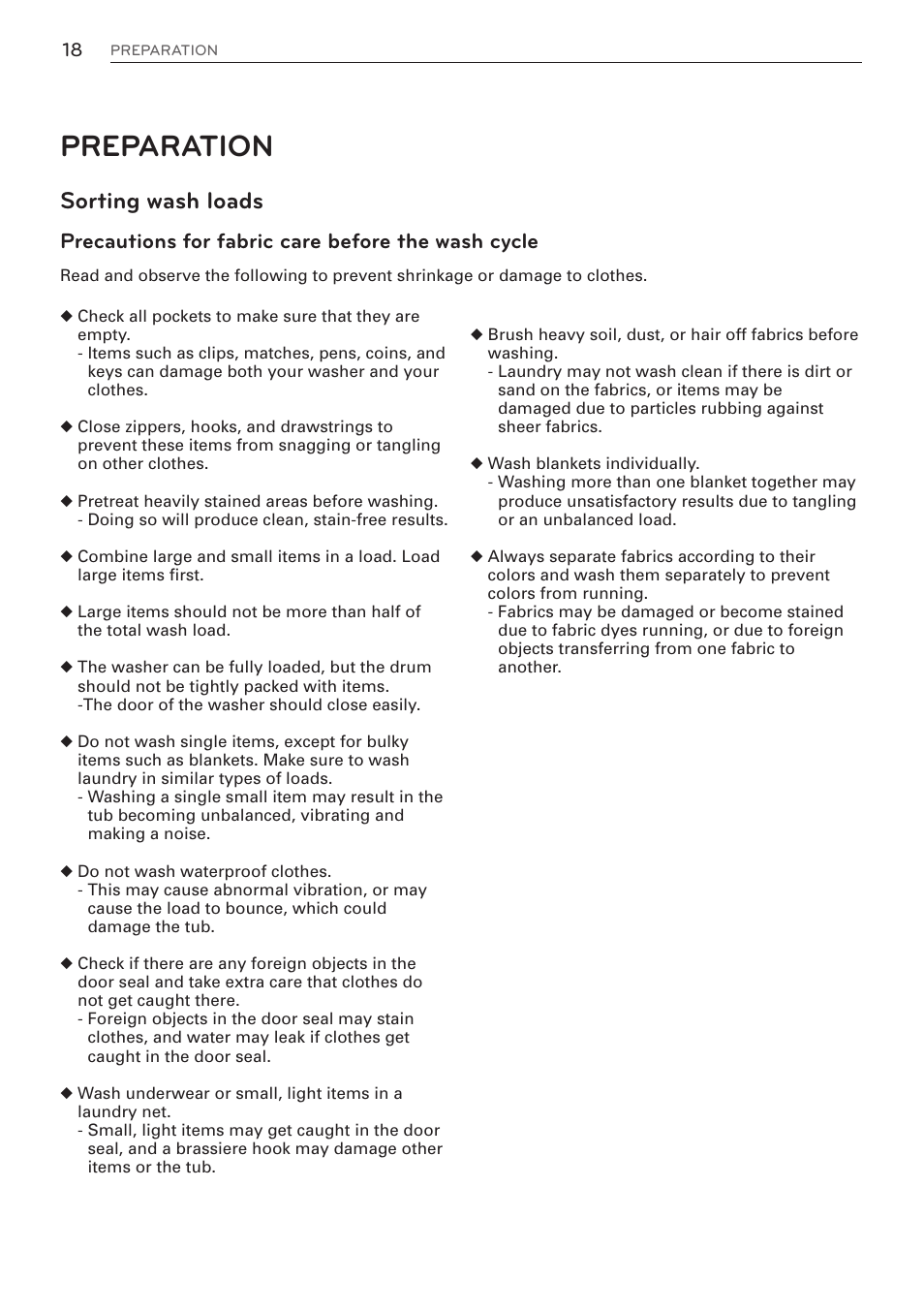 Preparation, Sorting wash loads, Precautions for fabric care before the wash cycle | LG WM3570HWA User Manual | Page 18 / 96