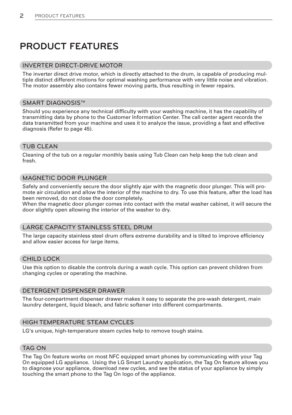 Product features | LG WM3570HWA User Manual | Page 2 / 96