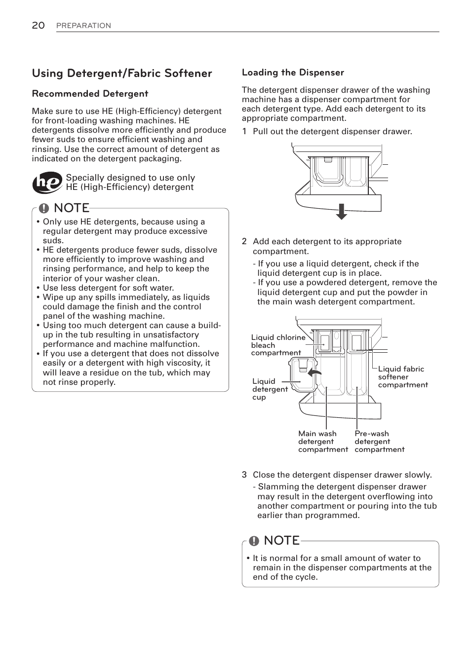 Using detergent/fabric softener | LG WM3570HWA User Manual | Page 20 / 96