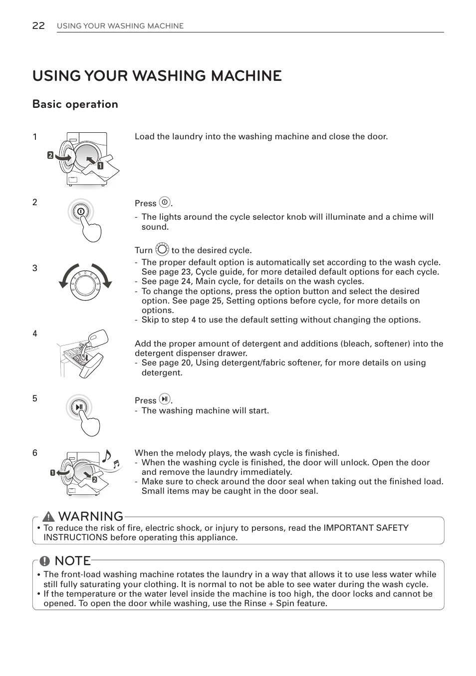 Using your washing machine, Warning, Basic operation | LG WM3570HWA User Manual | Page 22 / 96
