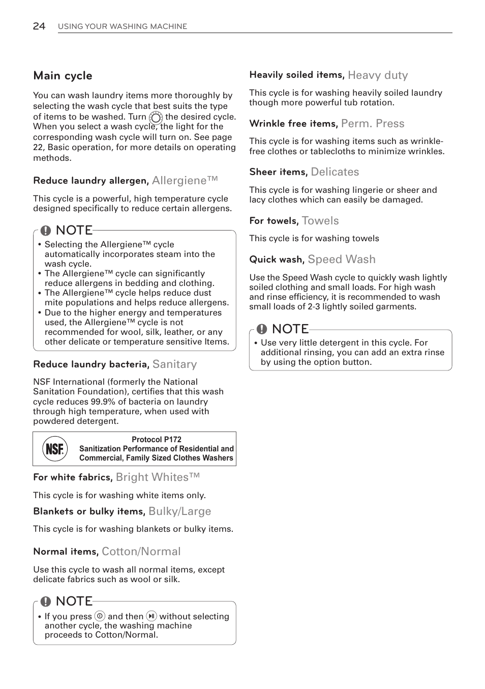 Main cycle, Heavy duty, Perm. press | Delicates, Towels, Speed wash, Allergiene, Sanitary, Bright whites, Bulky/large | LG WM3570HWA User Manual | Page 24 / 96