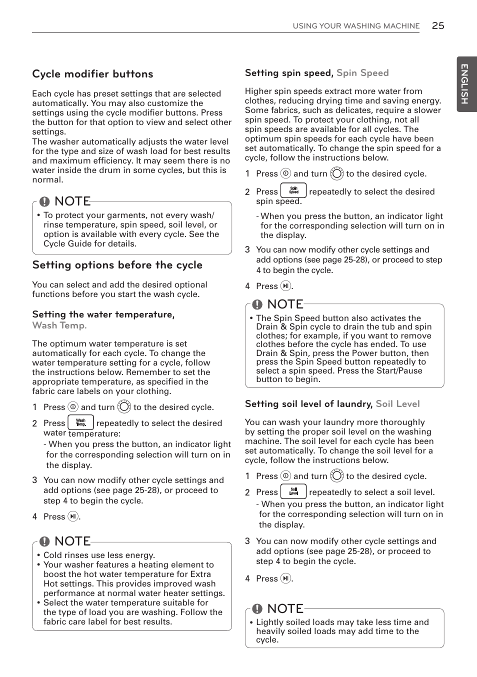 Cycle modifier buttons, Setting options before the cycle | LG WM3570HWA User Manual | Page 25 / 96