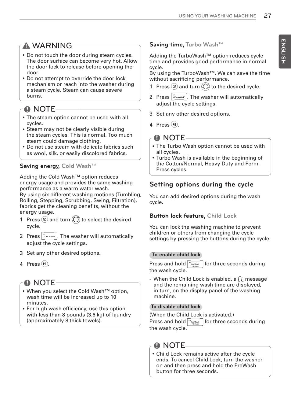 Warning, Setting options during the cycle | LG WM3570HWA User Manual | Page 27 / 96