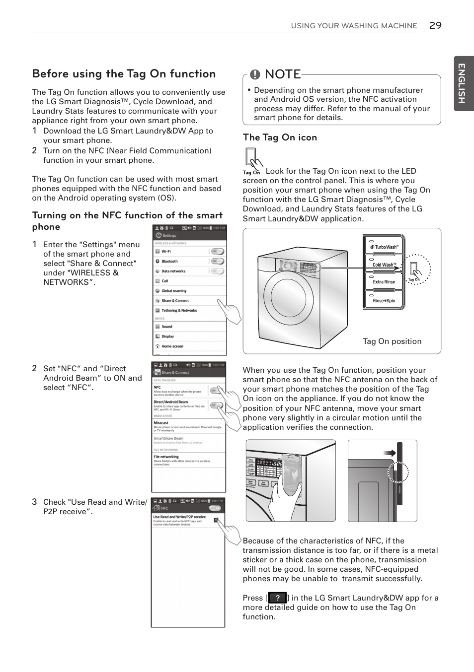 Before using the tag on function, Turning on the nfc function of the smart phone, The tag on icon | LG WM3570HWA User Manual | Page 29 / 96